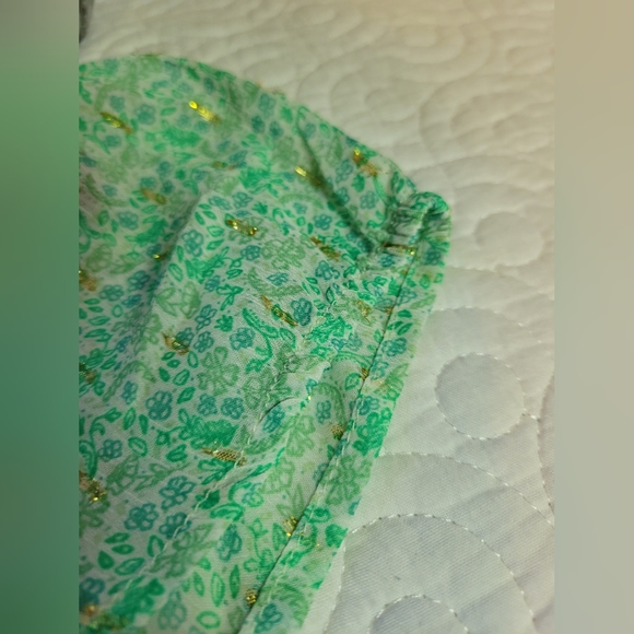 Joie | Mock Neck Floral Chiffon Cap Sleeve Blouse | Mint Green & Gold | Large - Picture 5 of 11